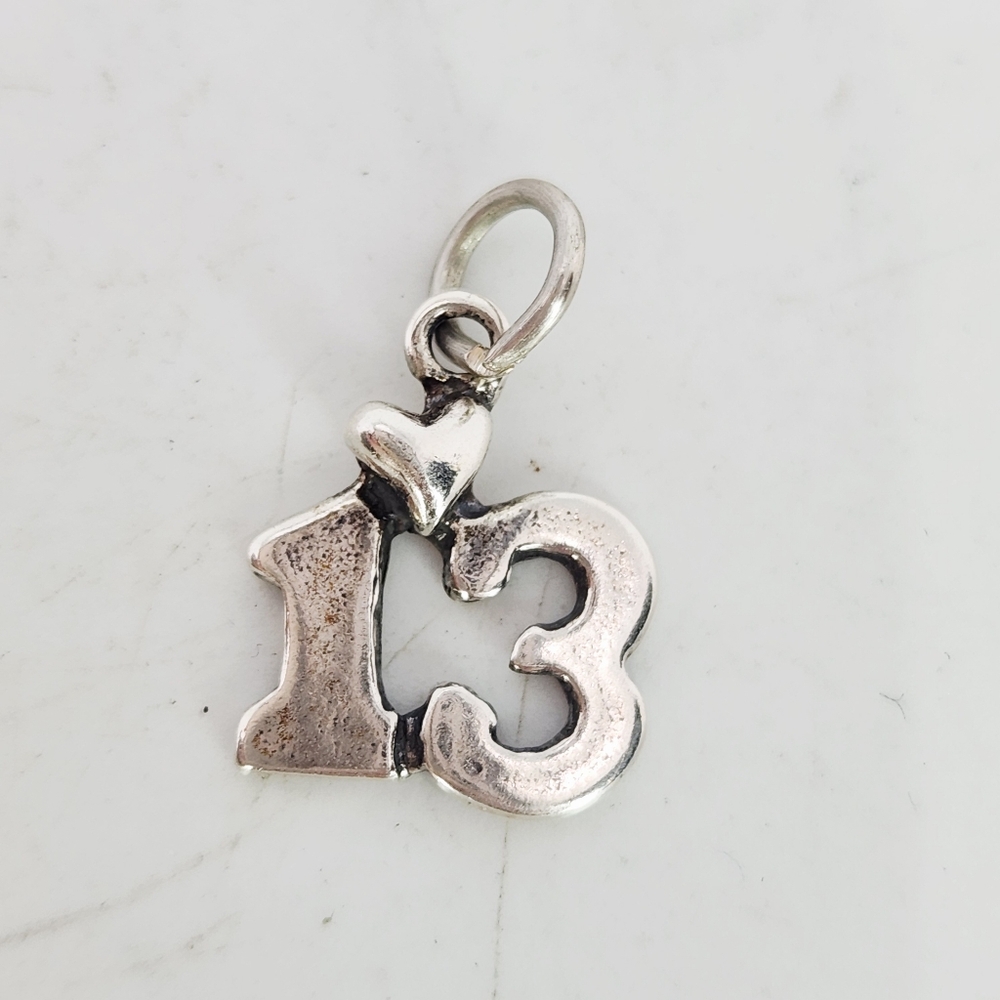 Vintage Number 13 W Heart Sterling Silver Bracelet Charm Or Pendant 1.6g Signed - Picture 3 of 6